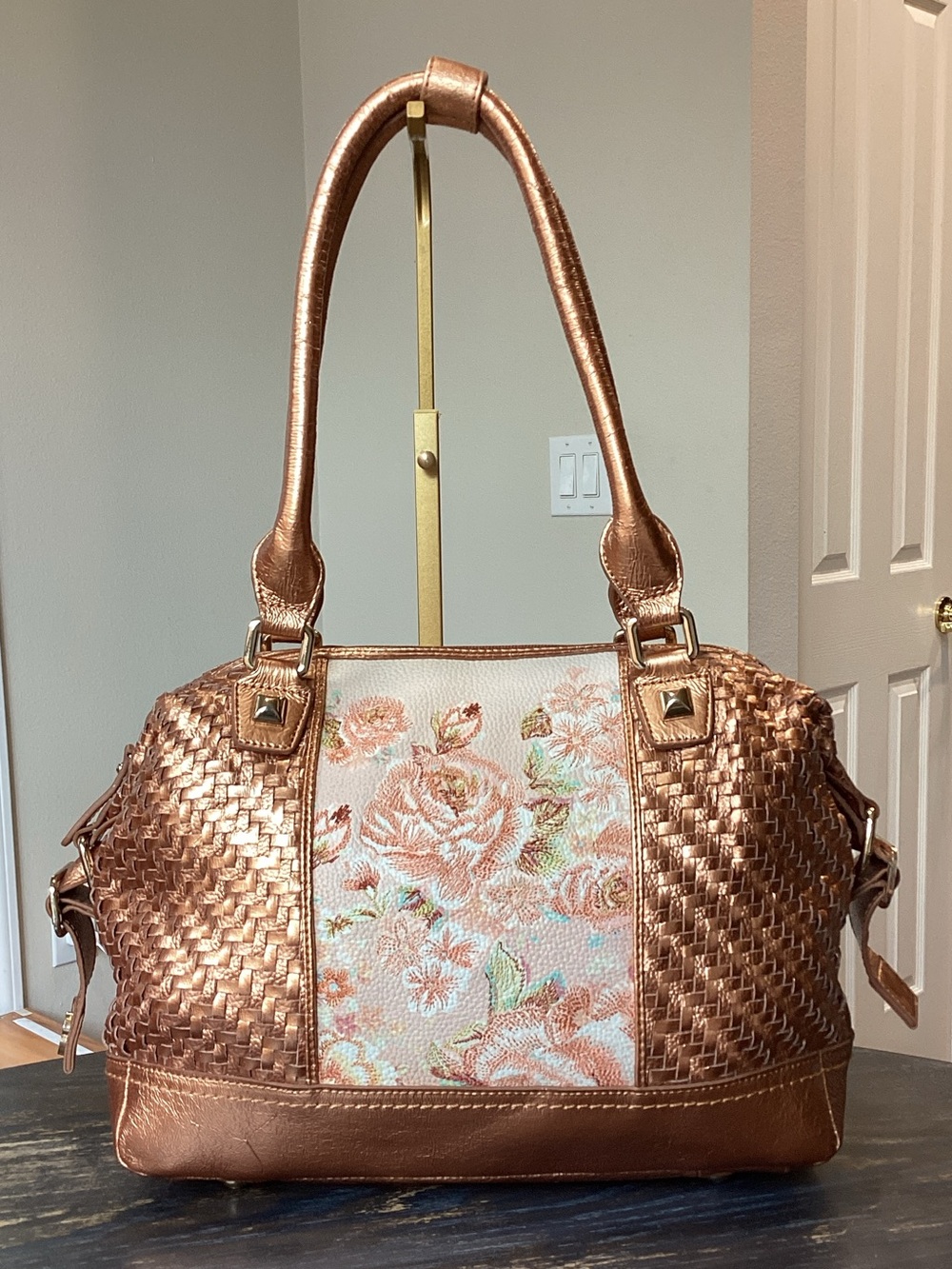 Sharif Rose Copper Woven Embroidered Floral Satchel